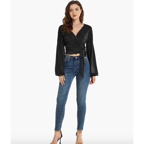 Black Glitter Knit Tie Front Belted V-Neck Long Sleeve Bishop‎ Wrap Sweater Top - Picture 5 of 6